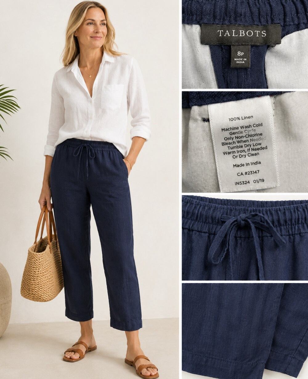 Talbots Women's Pull-On Tapered Crop Linen Pants Size 8P Navy Blue Coastal